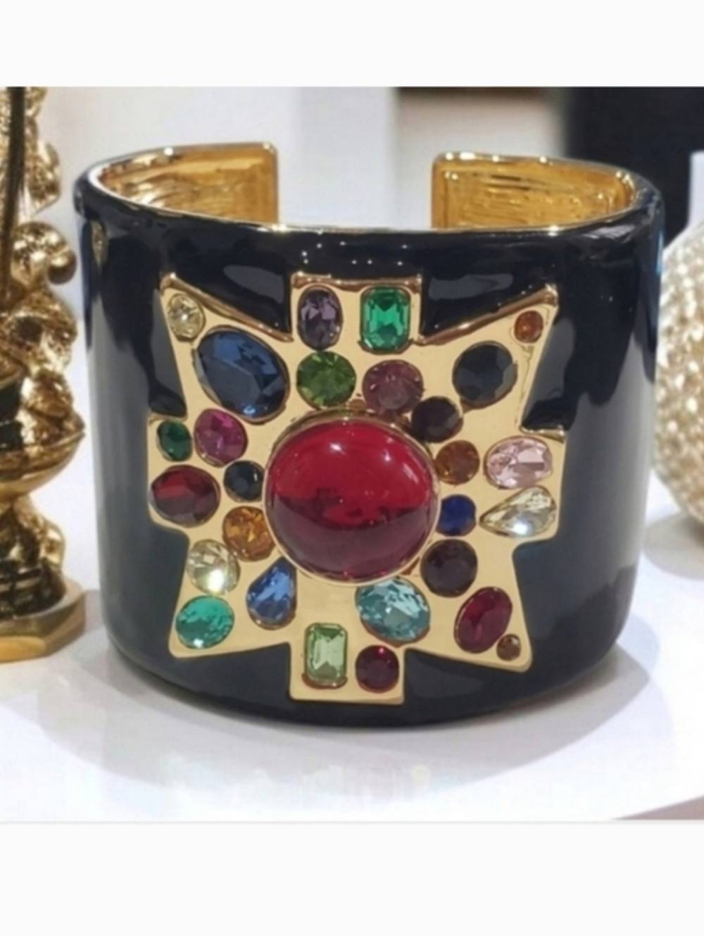 Luxury 18k Gold Plated Maltese Cross Jeweled Enamel Cuff Bracelet